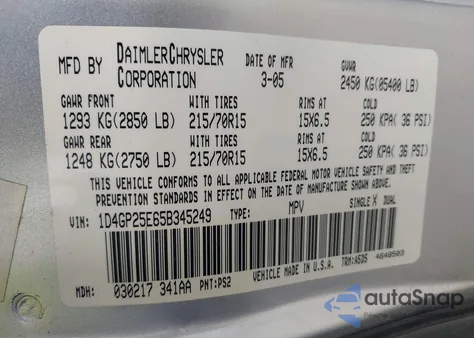 2005 Dodge Caravan Se из США, поврежденный, VIN 1D4GP25E65B345249